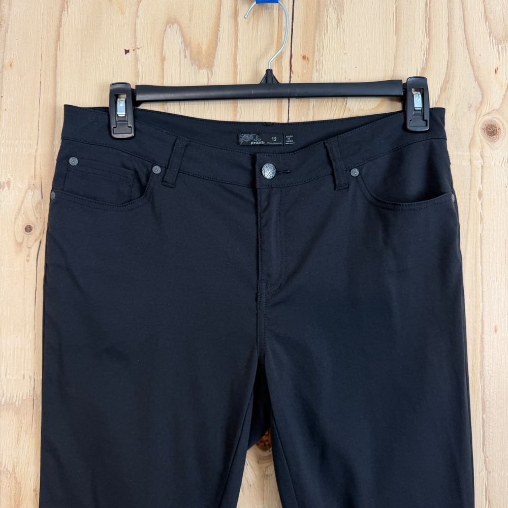 Prana Brann Pant Women 12 Black Slim Fit Travel Trouser Stretch UPF 50 Quick Dry